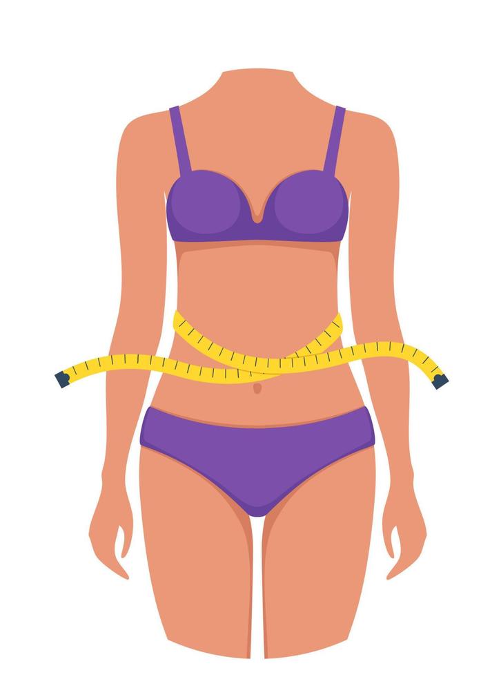 Taille der Frau und Maßband. weiblicher schlanker Körper. Gewichtsverlust. figur der frau, die gewicht verliert. gesunder Lebensstil. Vektor-Illustration. vektor