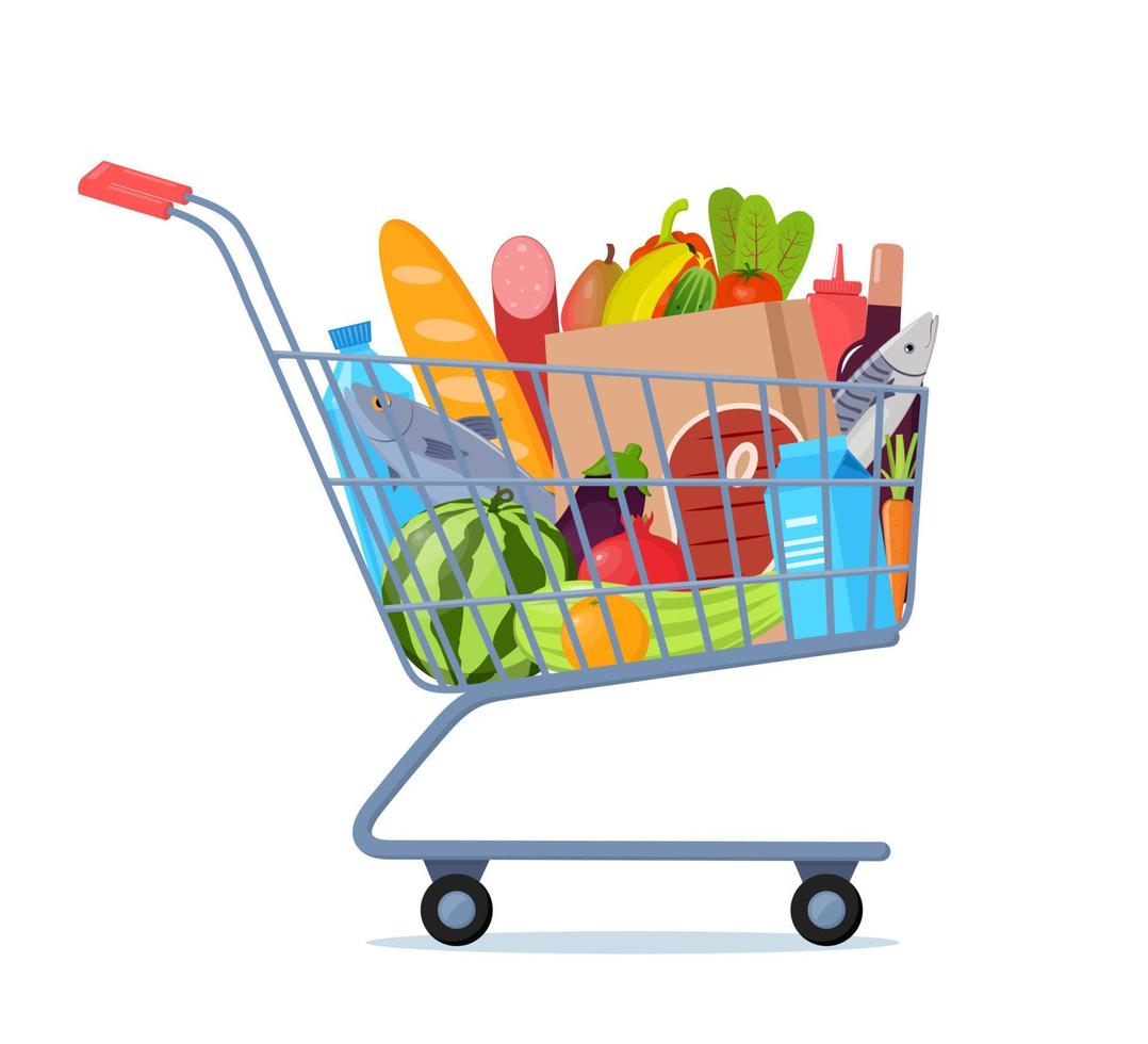 handla vagn full av mat, frukt, Produkter, matvaror varor. matvaror handla vagn. uppköp mat i mataffär. vektor illustration för baner,