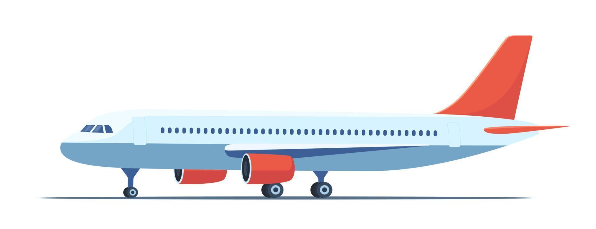 passagerare flygplan, sida se. profil av flygplan isolerat på vit bakgrund. platt vektor illustration av flygplan med hyttventiler, vingar och motorer.