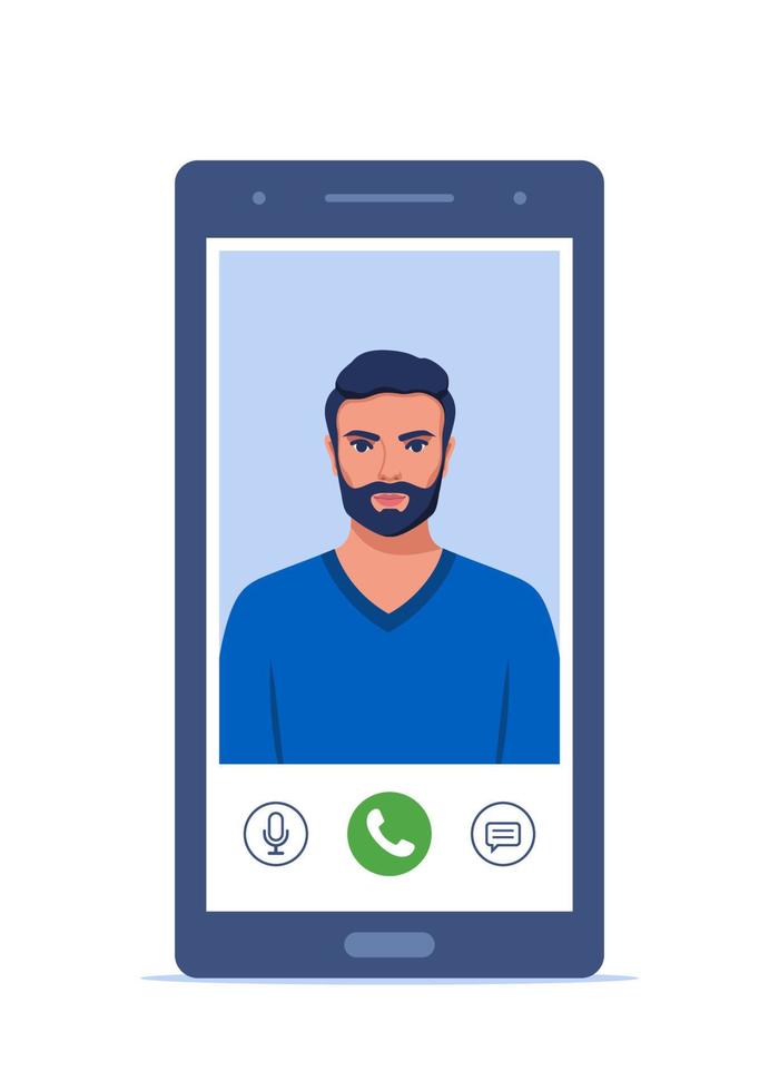 video ring upp på smartphone. ung man på smartphone skärm med förbindelse ikoner. kommunikation uppkopplad använder sig av de telefon. talande genom video ringa upp. chattar uppkopplad. vektor illustration.