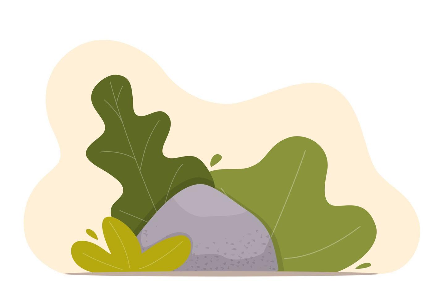 landschaftsgestaltungskomposition mit büschen und stein. niedliche florale komposition für grußkarte, banner, flyer, app, website zu ökologischen, botanischen, landschaftsdesignthemen. Vektor-Illustration. vektor