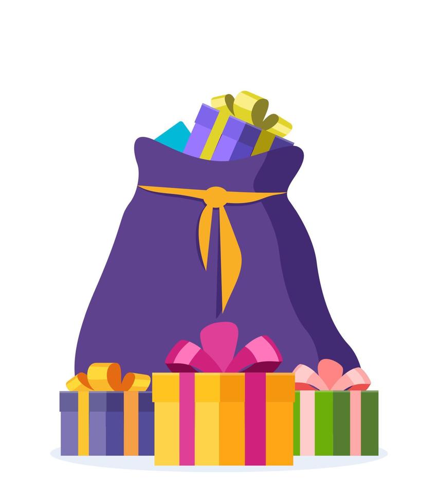 full violett väska av gåvor från santa claus. jul dekorativ element. platt vektor illustration.