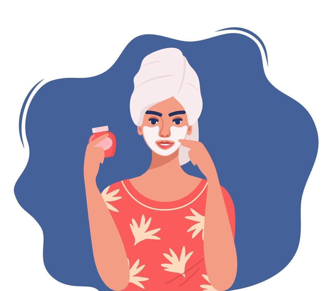 ung kvinna med en handduk på henne huvud gör kosmetisk förfaranden. ansikte mask, hudvård, behandling, avslappning. hud vård begrepp. vektor illustration.