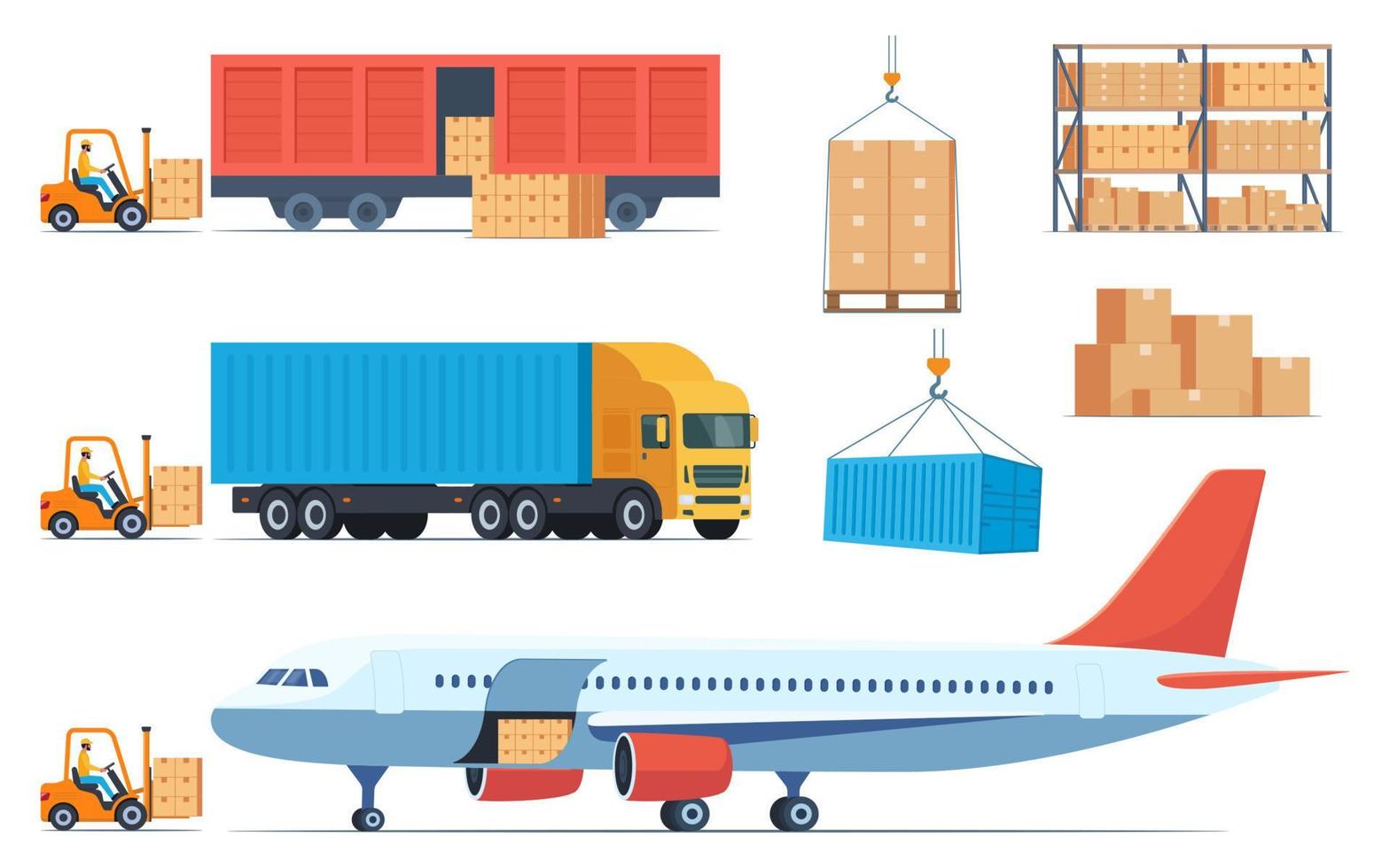 Laden von Kisten mit Waren in verschiedene Arten von Frachttransporten. Frachtflugzeug, Zug, LKW und Gabelstapler laden Fracht in sie ein. fracht und lieferung, satz von elementen, vektorillustration. vektor