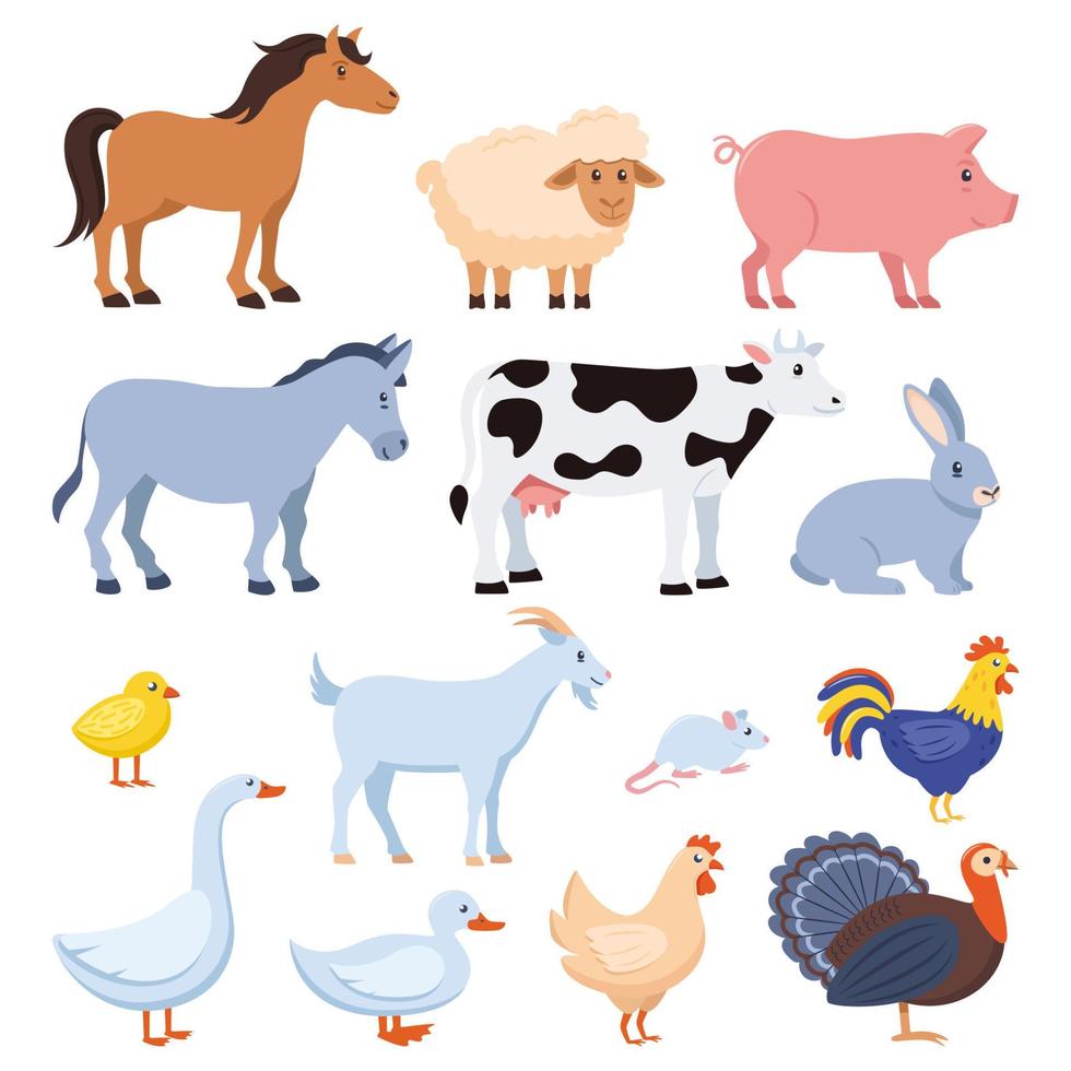 bruka djur uppsättning isolerat. häst, ko, get, får, gris, kanin, kyckling, tupp, Anka, gås, brud, Kalkon, mus. vektor platt design illustration.