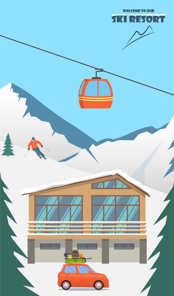 Skigebiet. winterliche berglandschaft mit hütte, skilift, skifahrer, der den hang hinunter rast. Banner für Wintersportferien. Vektor-Illustration. vektor