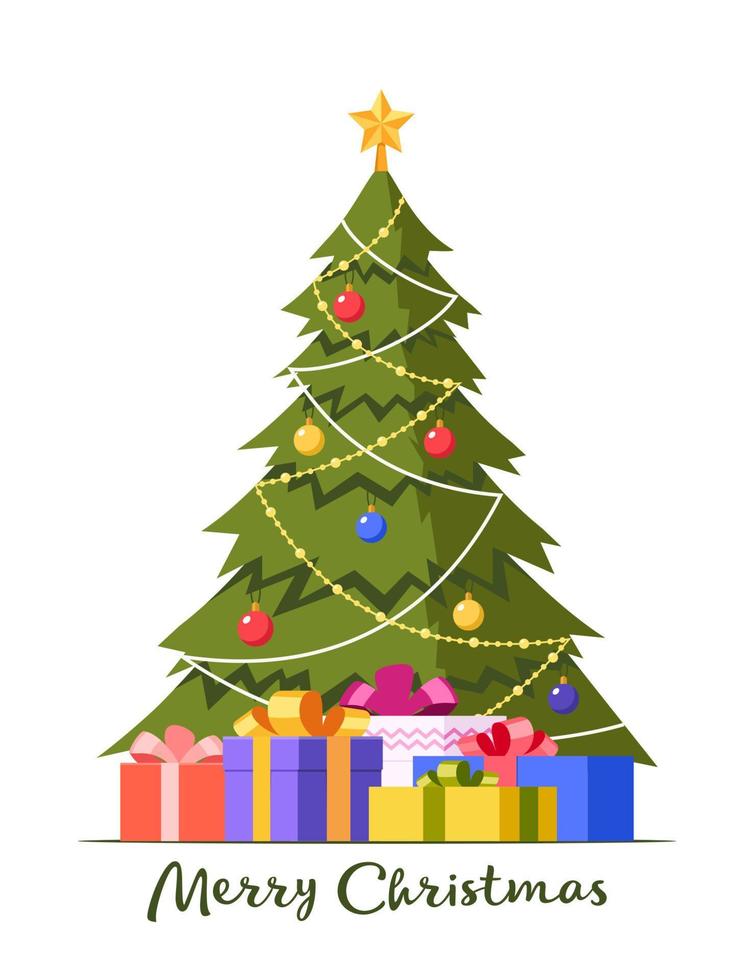 weihnachtsbaum geschmückt mit sternstern, dekorationskugeln und glühbirnenkette. großer Haufen bunt verpackter Geschenkboxen. flache Artvektorillustration lokalisiert auf Weiß. vektor