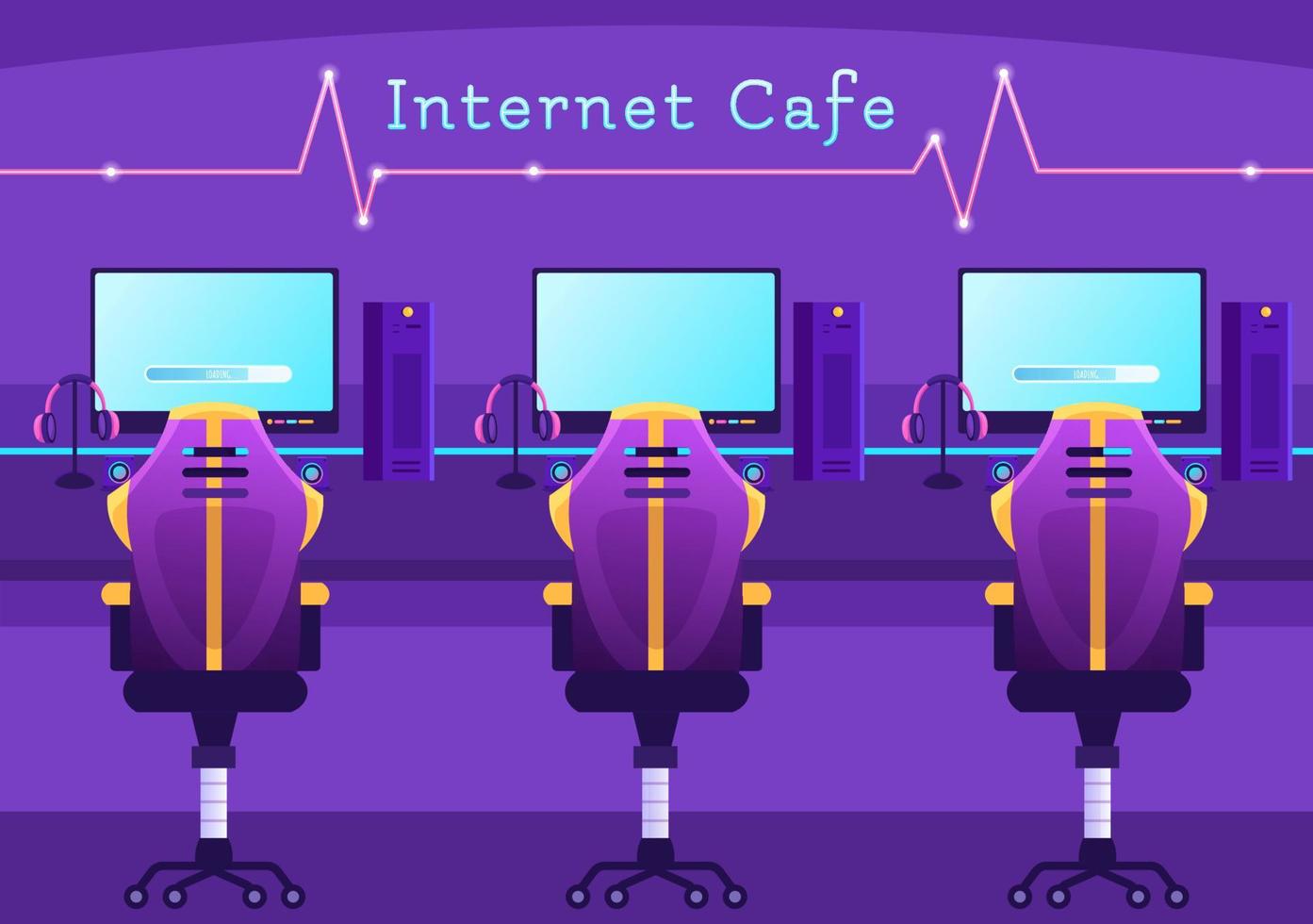 internet Kafé av ung människor spelar spel, arbetsplats använda sig av en bärbar dator, talande och dricka i platt tecknad serie hand dragen mallar illustration vektor