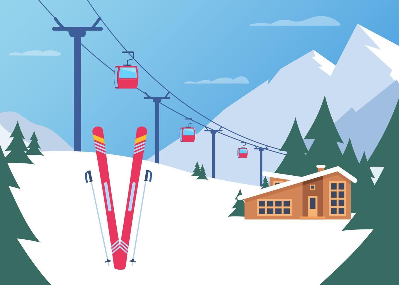 åka skidor tillflykt. vinter- berg landskap med stuga, åka skidor hiss. vinter- sporter semester baner. vektor illustration.