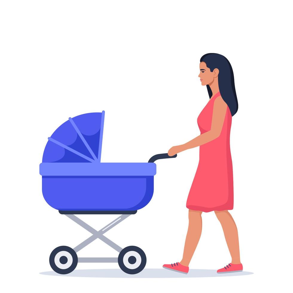 Mama Kinderwagen. Frau, die mit Kinderwagen geht. Außenaktivität. flache vektorillustration. vektor