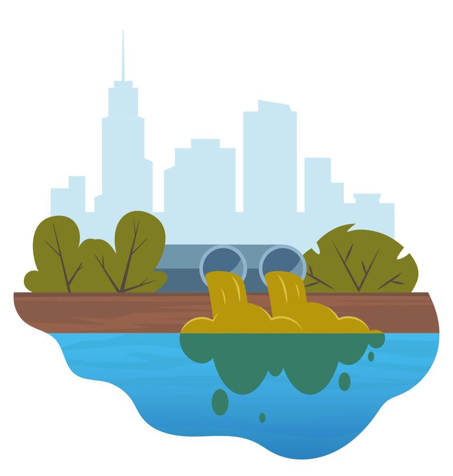smutsig vatten stjälkar från de rör förorenande de flod. ansvarsfrihet av flytande kemisk avfall. stad i de bakgrund. de fara för de miljö. platt vektor illustration för infografik.
