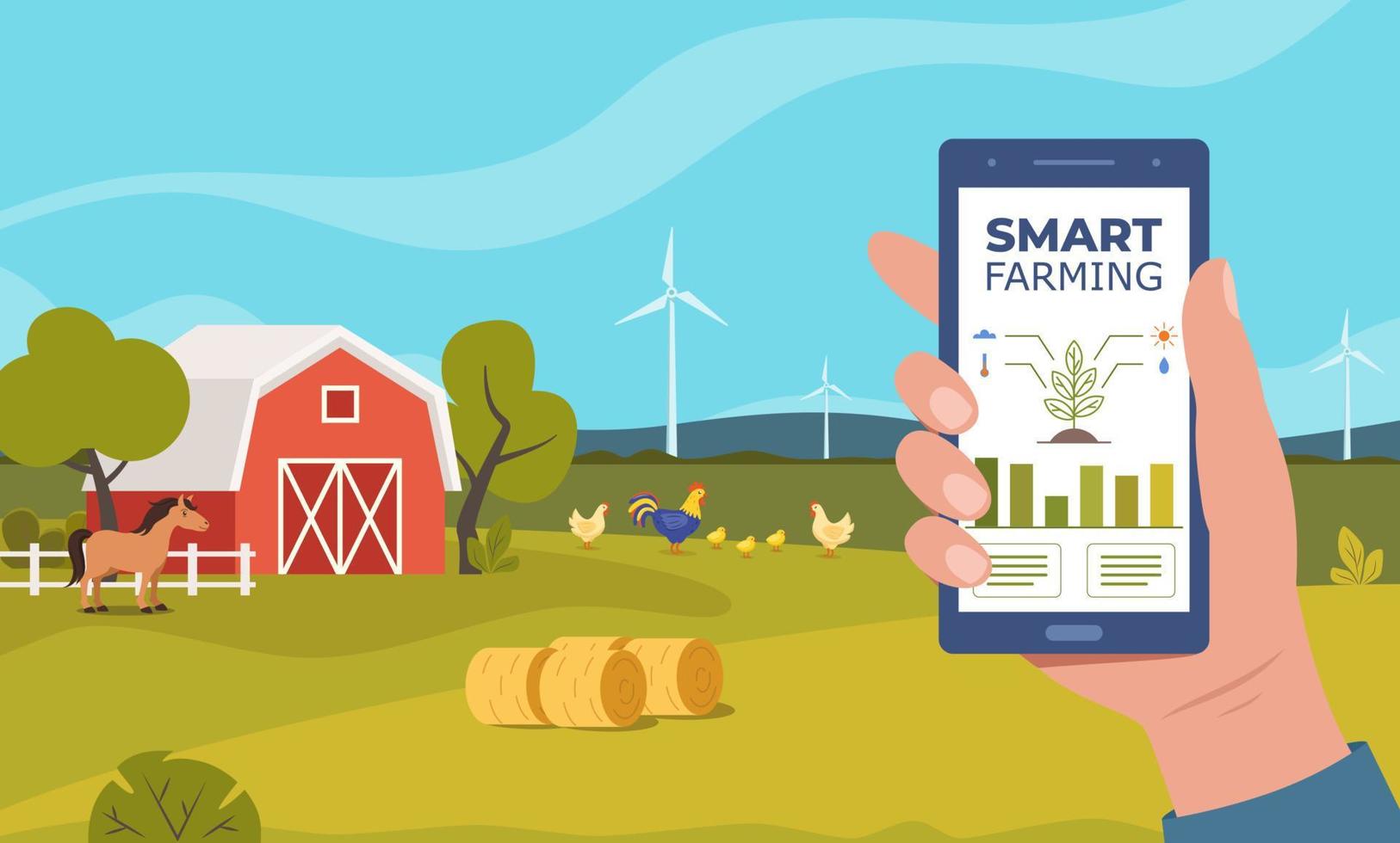 Smart Farming, futuristische Technologien in der Landwirtschaft. Smartphone mit App zur Steuerung von Pflanzenanbau, Windmühlen, landwirtschaftlicher Automatisierung. Bauernhofszene mit roter Scheune. ländliche Landschaft. Vektor. vektor