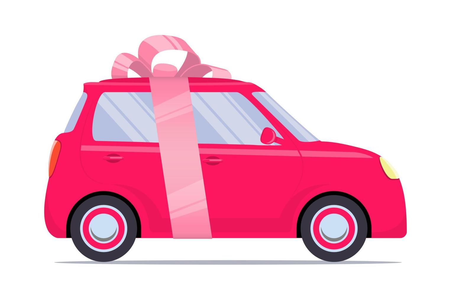 söt liten bil som en gåva, med rosa band och rosett. vektor platt illustration, isolerat.