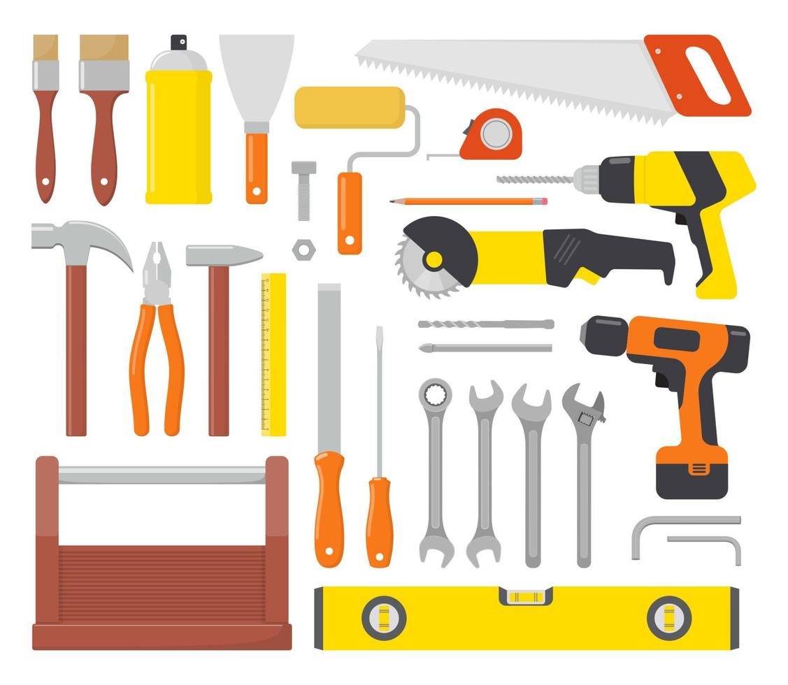 Sammlung von Arbeitswerkzeugen. Symbolsatz für Reparatur- und Bauwerkzeuge. Hammer, Zange, Meißel, Feile, Schraubendreher, Bürste, Spachtel, Schraubenschlüssel, Säge, Bohrer, Lineal, Schleifer, Werkzeugkasten. flache vektorillustration. vektor