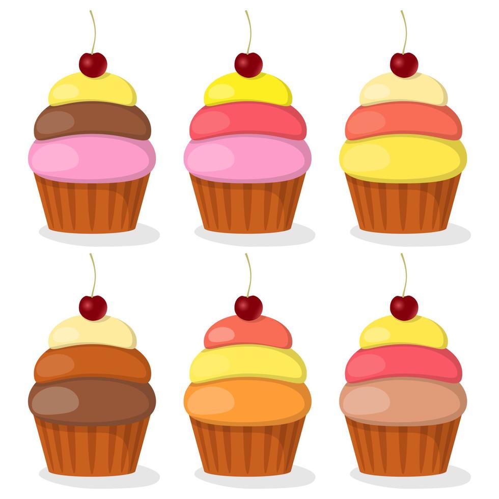 Cupcakes mit farbiger Sahne und Kirsche, Set. Vektor-Illustration. vektor