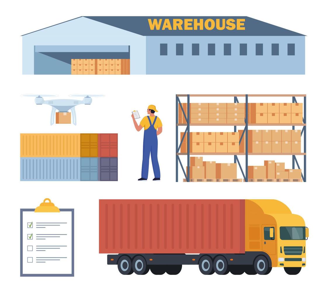 handelsvaror lager och logistik, arbetare och Utrustning, uppsättning av element. lager byggnad, ställ, lådor, lastare, lastbil. leverans och lagring, lager och frakt låda. vektor illustration.