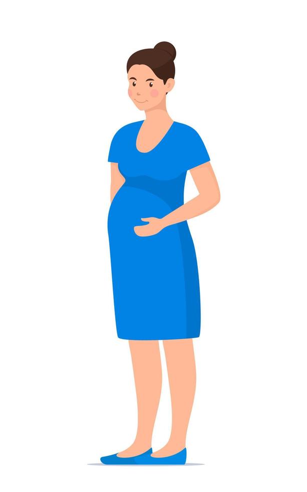 söt gravid kvinna stående och innehar händer de stor mage. Lycklig skön gravid kvinna karaktär. flicka förväntar sig en bebis. moderskap begrepp. vektor illustration.