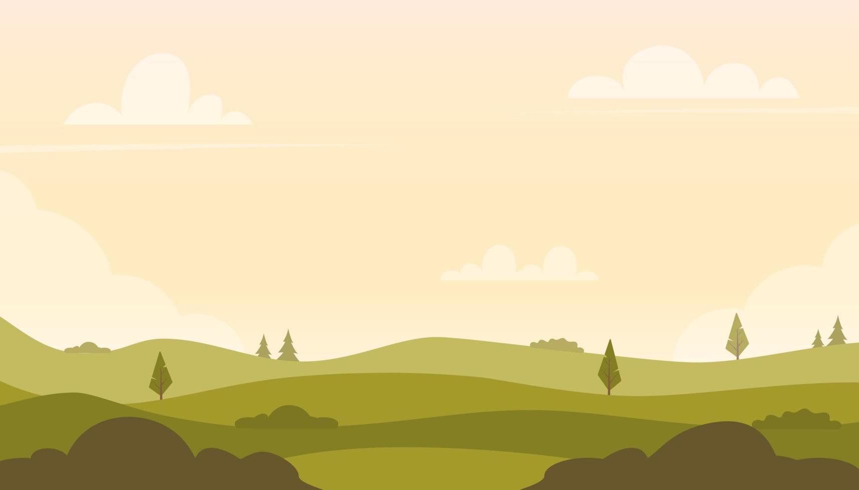 schöne feldlandschaft mit grünen hügeln, bäumen, büschen. ländliche Landschaft in den warmen Morgenfarben. Landschaftshintergrund für Banner, Animation. flache vektorillustration. vektor