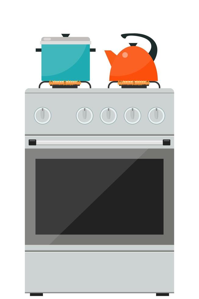 modern gas spis, pott och vattenkokare på den på flamma. Hem kök spis. framställning mat, matlagning. vektor illustration i platt stil.