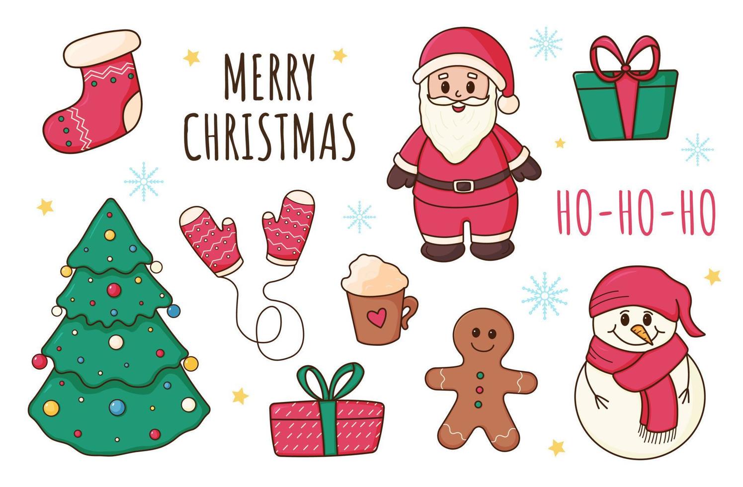 jul, ny år uppsättning av element, tecknad serie stil, jul träd, tomte, strumpa, pepparkaka, gåva, snöflingor, snögubbe, kakao mugg, vantar, vektor illustration