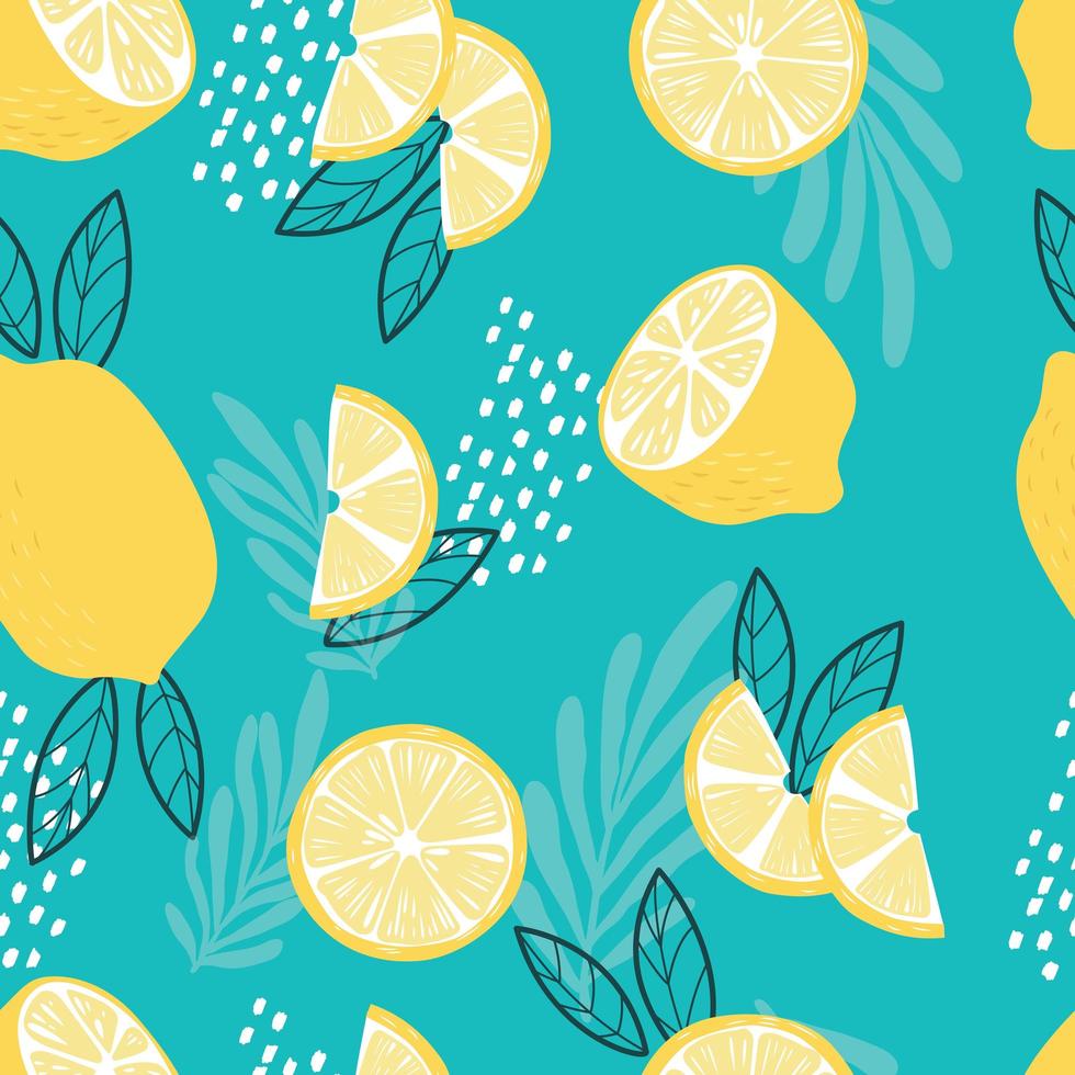 frukt sömlösa mönster, citroner med tropiska blad vektor