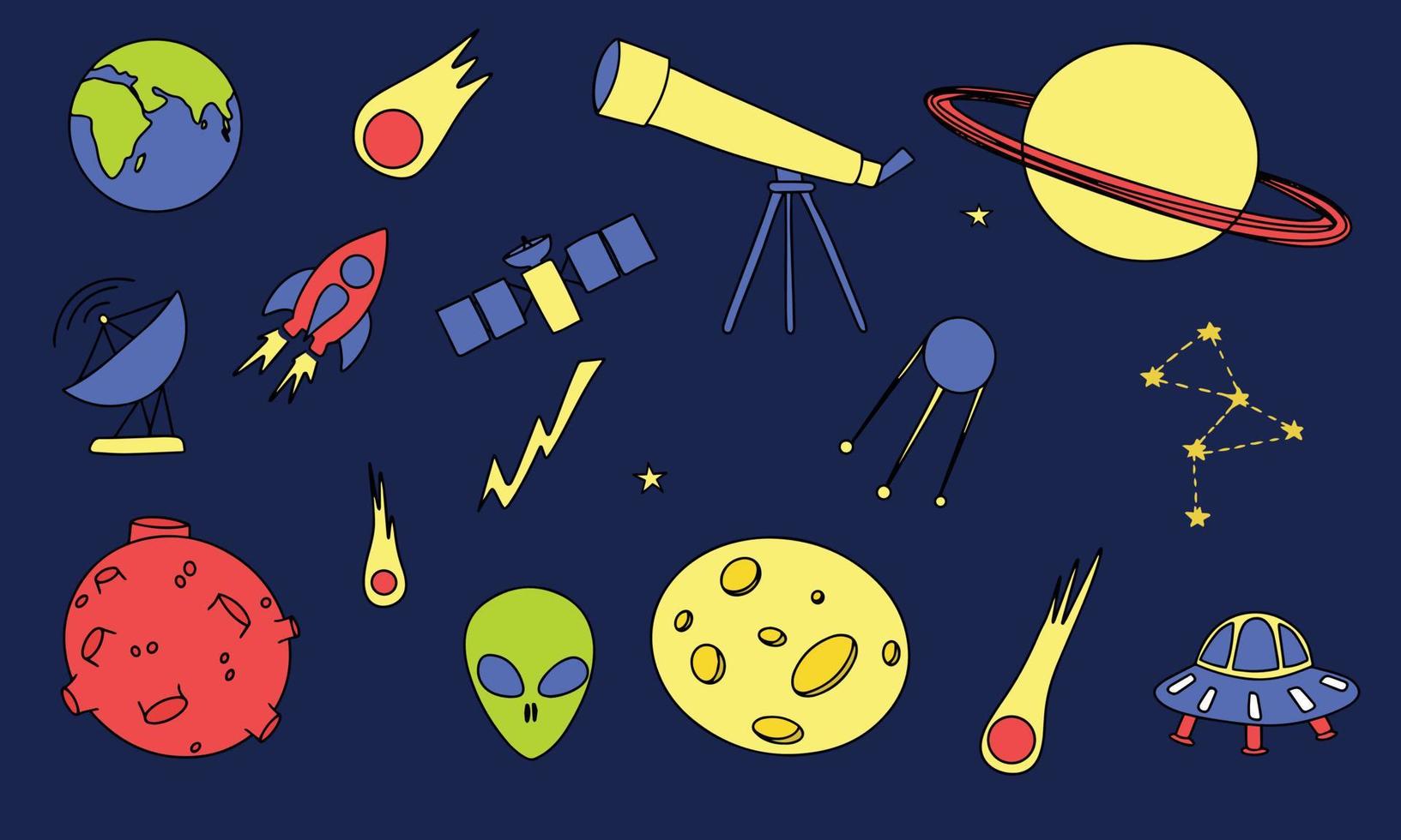 uppsättning av Plats element på mörk blå bakgrund. teleskop, planet, jorden, måne, komet, satellit, Plats maträtt, ufo, utomjording, raket, radar, konstellation. vektor illustration.