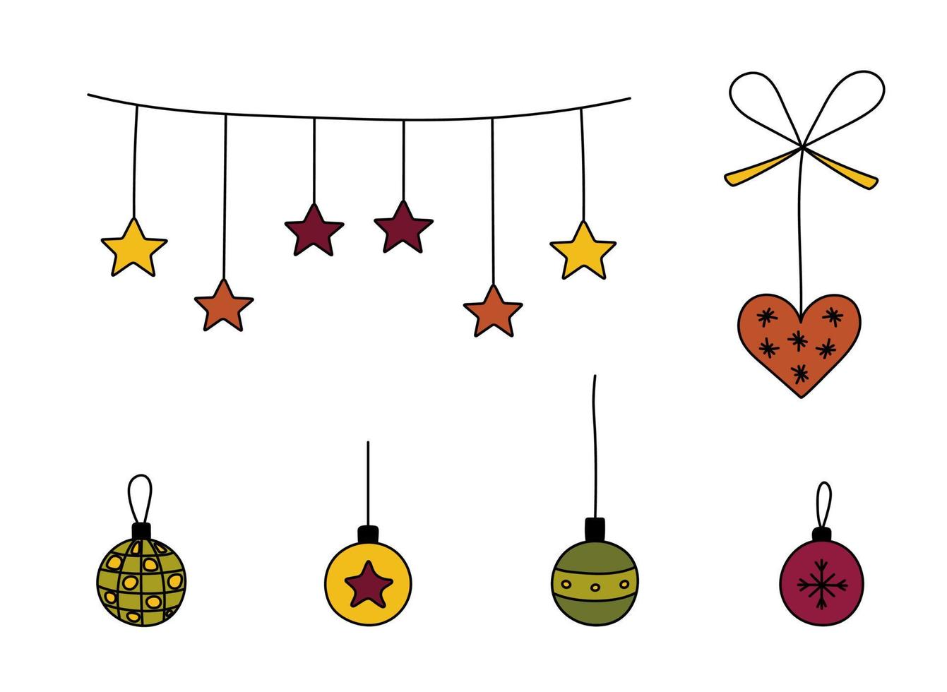 uppsättning av klotter jul bollar, krans med stjärnor. samling av hand dragen leksaker för de jul träd. vektor Semester element för dekor