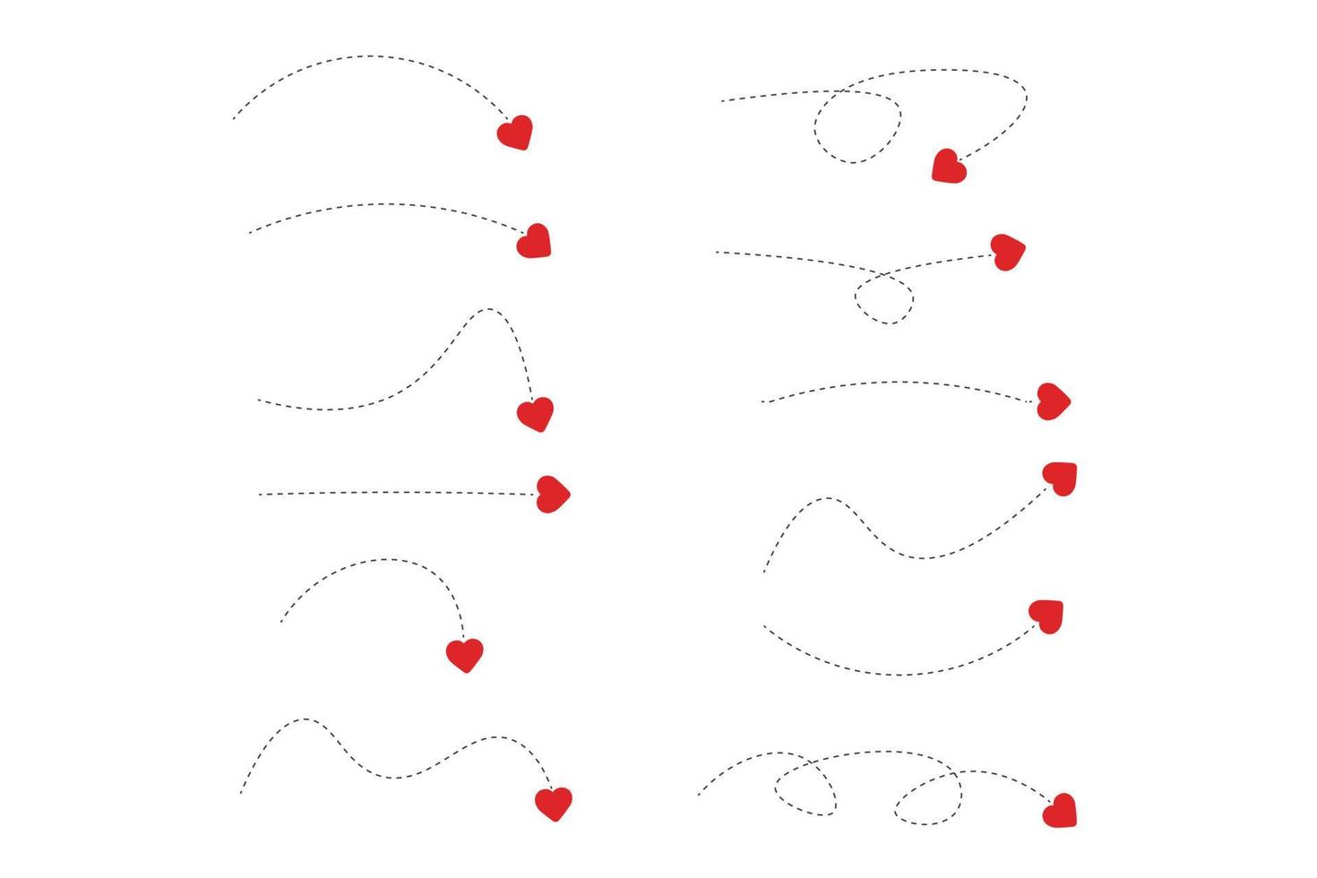 uppsättning av streckad linje hjärta pilar vektor