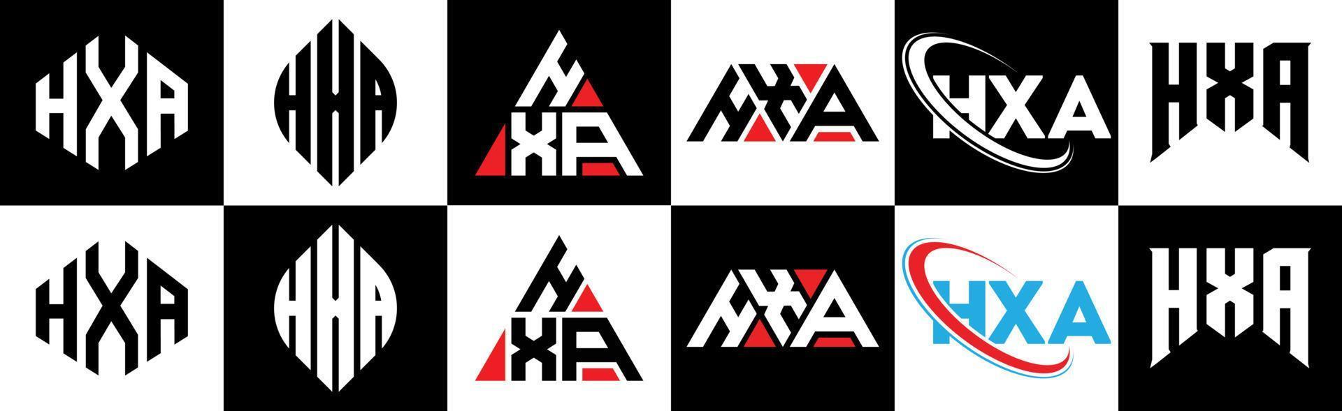 hxa brev logotyp design i sex stil. hxa polygon, cirkel, triangel, sexhörning, platt och enkel stil med svart och vit Färg variation brev logotyp uppsättning i ett rittavla. hxa minimalistisk och klassisk logotyp vektor