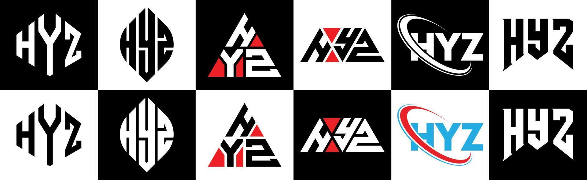 Hyz-Brief-Logo-Design in sechs Stilen. hyz Polygon, Kreis, Dreieck, Sechseck, flacher und einfacher Stil mit schwarz-weißem Buchstabenlogo in einer Zeichenfläche. hyz minimalistisches und klassisches Logo vektor