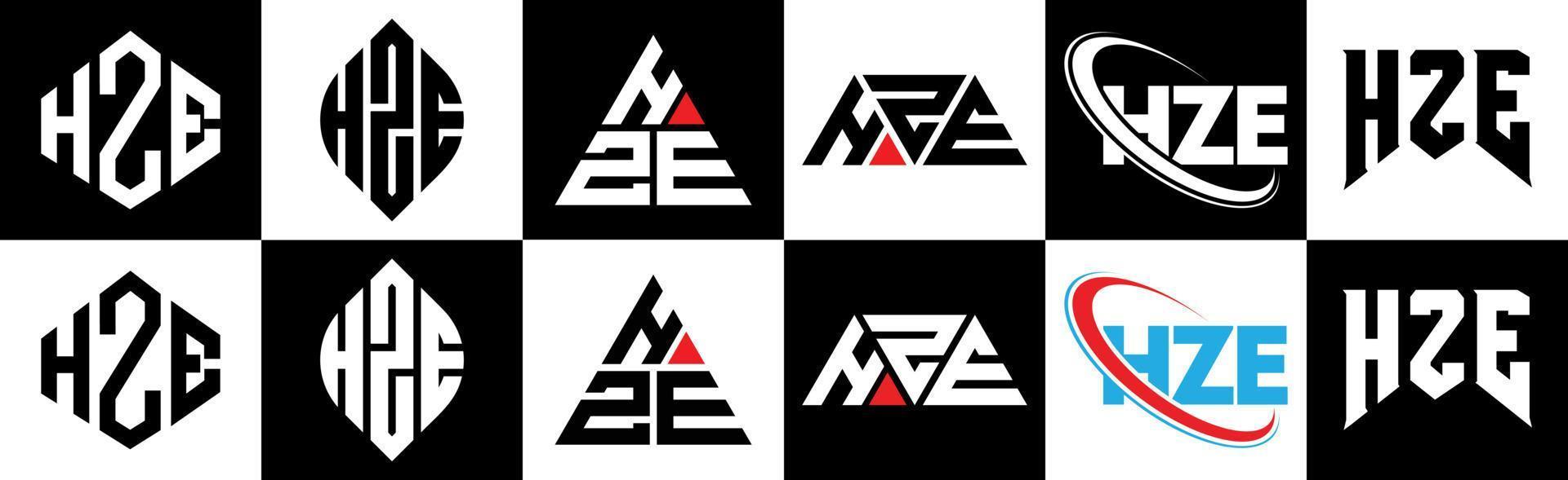 hze-Buchstaben-Logo-Design in sechs Stilen. hze polygon, kreis, dreieck, sechseck, flacher und einfacher stil mit schwarz-weißem buchstabenlogo in einer zeichenfläche. hze minimalistisches und klassisches Logo vektor