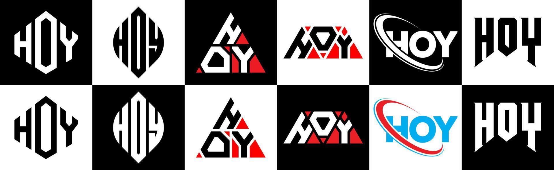 Hoy-Buchstaben-Logo-Design in sechs Stilen. hoy polygon, kreis, dreieck, sechseck, flacher und einfacher stil mit schwarz-weißem buchstabenlogo in einer zeichenfläche. Hoy minimalistisches und klassisches Logo vektor