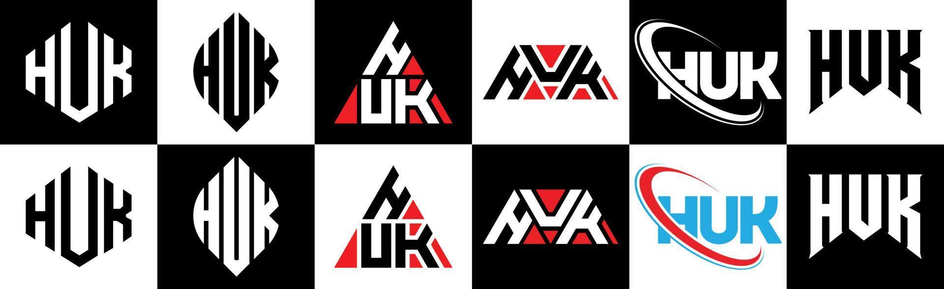 huk-Buchstaben-Logo-Design in sechs Stilen. huk polygon, kreis, dreieck, sechseck, flacher und einfacher stil mit schwarz-weißem buchstabenlogo in einer zeichenfläche. Huk minimalistisches und klassisches Logo vektor