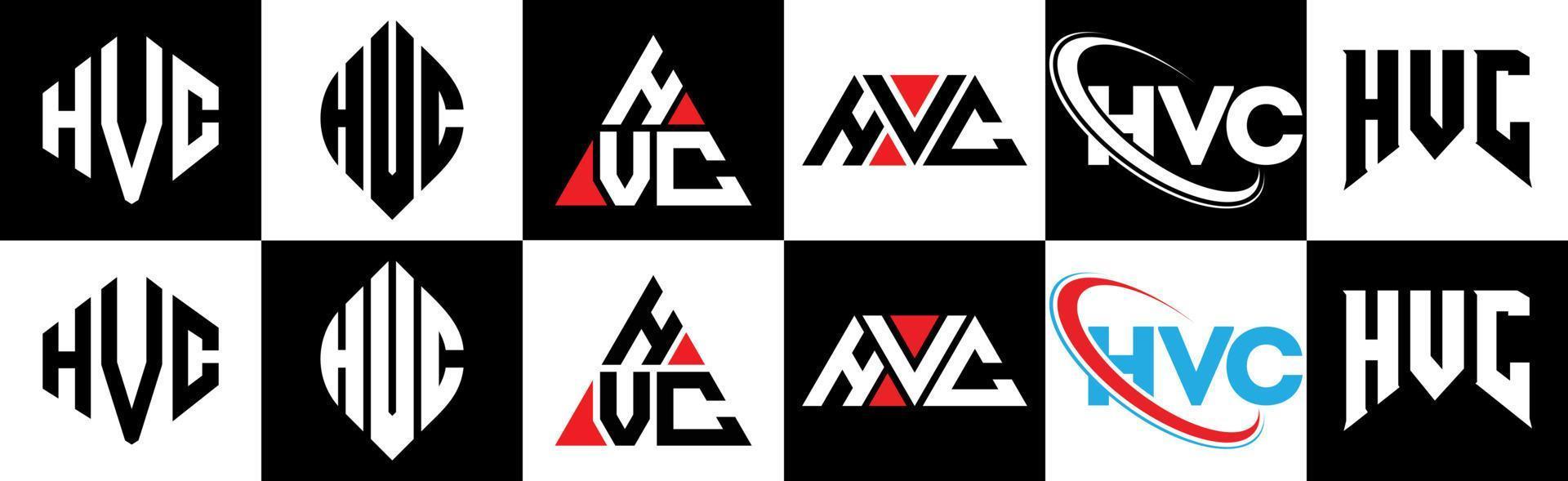 Hvc-Brief-Logo-Design in sechs Stilen. Hvc-Polygon, Kreis, Dreieck, Sechseck, flacher und einfacher Stil mit schwarz-weißem Buchstabenlogo in einer Zeichenfläche. Hvc minimalistisches und klassisches Logo vektor