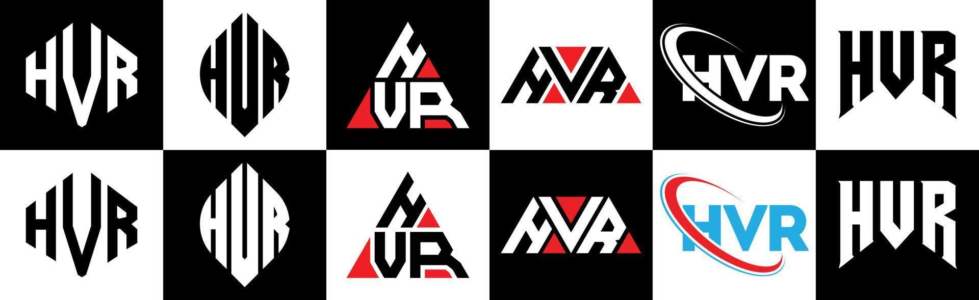 hvr-Buchstaben-Logo-Design in sechs Stilen. hvr polygon, kreis, dreieck, hexagon, flacher und einfacher stil mit schwarz-weißem buchstabenlogo in einer zeichenfläche. HVR minimalistisches und klassisches Logo vektor