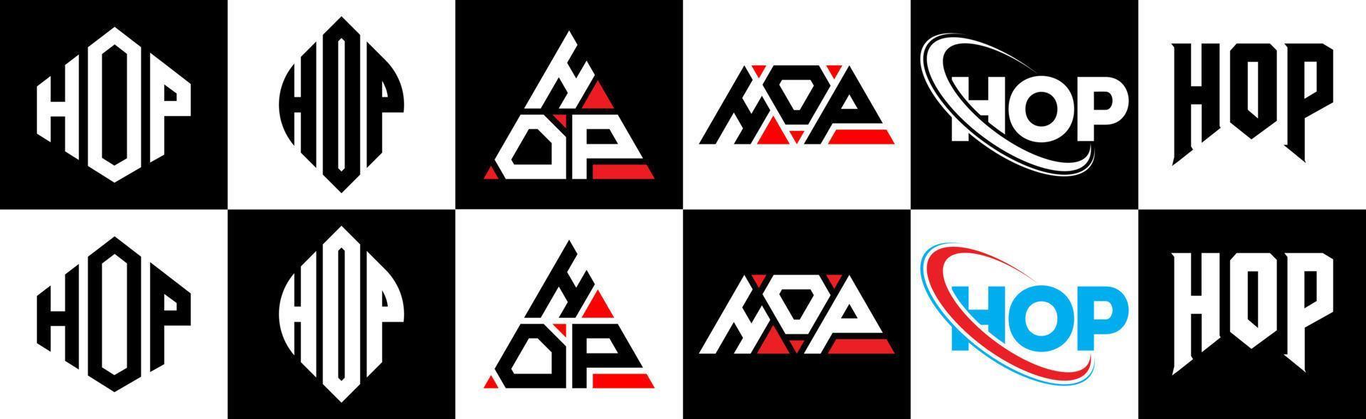 Hop-Brief-Logo-Design in sechs Stilen. Hop-Polygon, Kreis, Dreieck, Sechseck, flacher und einfacher Stil mit schwarz-weißem Buchstabenlogo in einer Zeichenfläche. Hop minimalistisches und klassisches Logo vektor