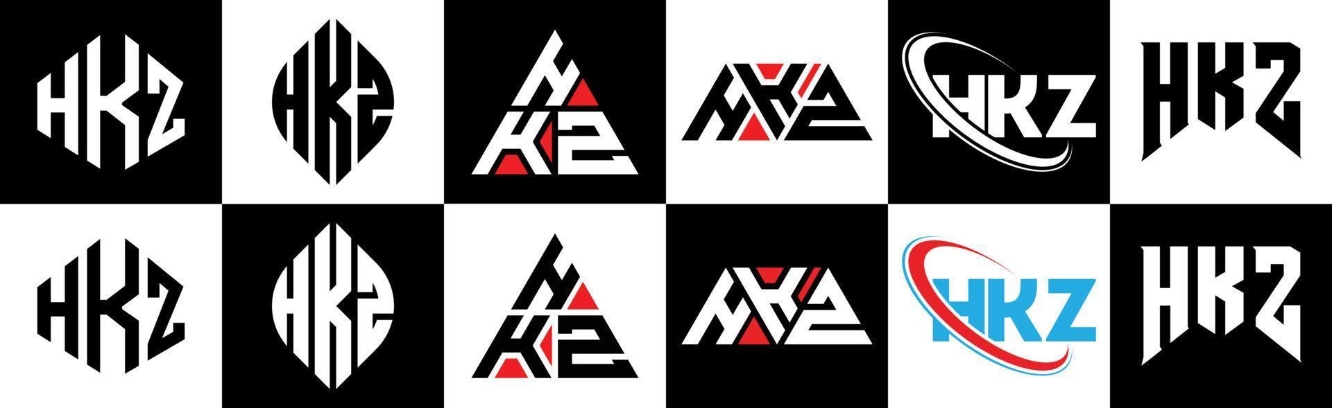 hkz-Buchstaben-Logo-Design in sechs Stilen. hkz polygon, kreis, dreieck, sechseck, flacher und einfacher stil mit schwarz-weißem buchstabenlogo in einer zeichenfläche. hkz minimalistisches und klassisches Logo vektor