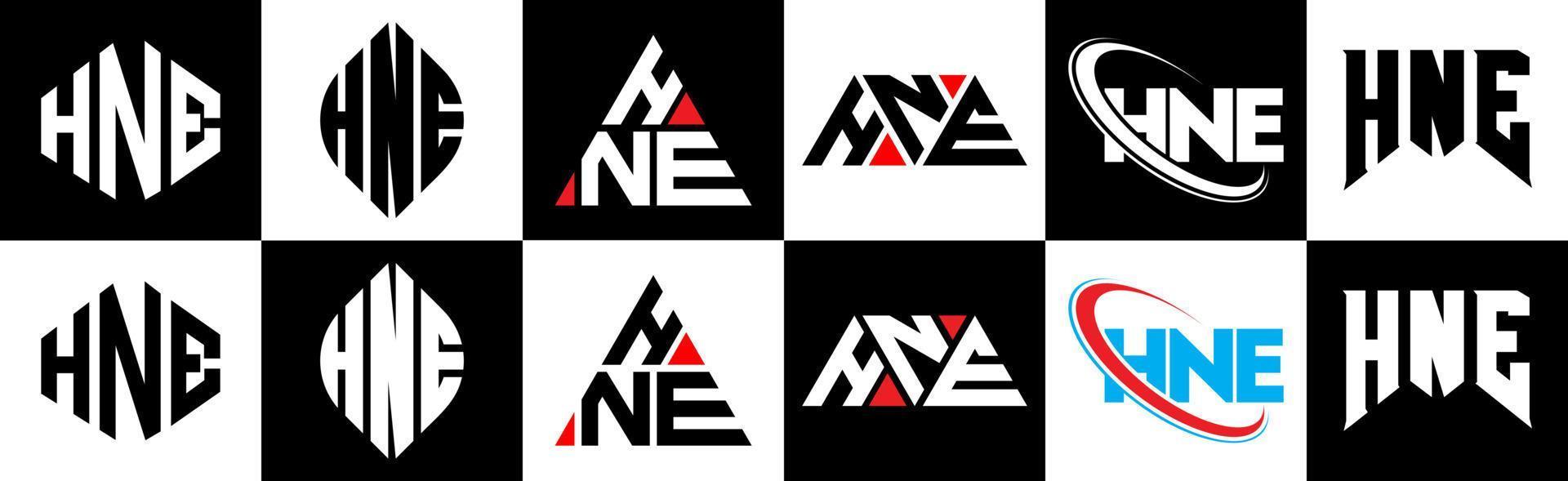 hne-Buchstaben-Logo-Design in sechs Stilen. hne polygon, kreis, dreieck, sechseck, flacher und einfacher stil mit schwarz-weißem buchstabenlogo in einer zeichenfläche. Das minimalistische und klassische Logo vektor