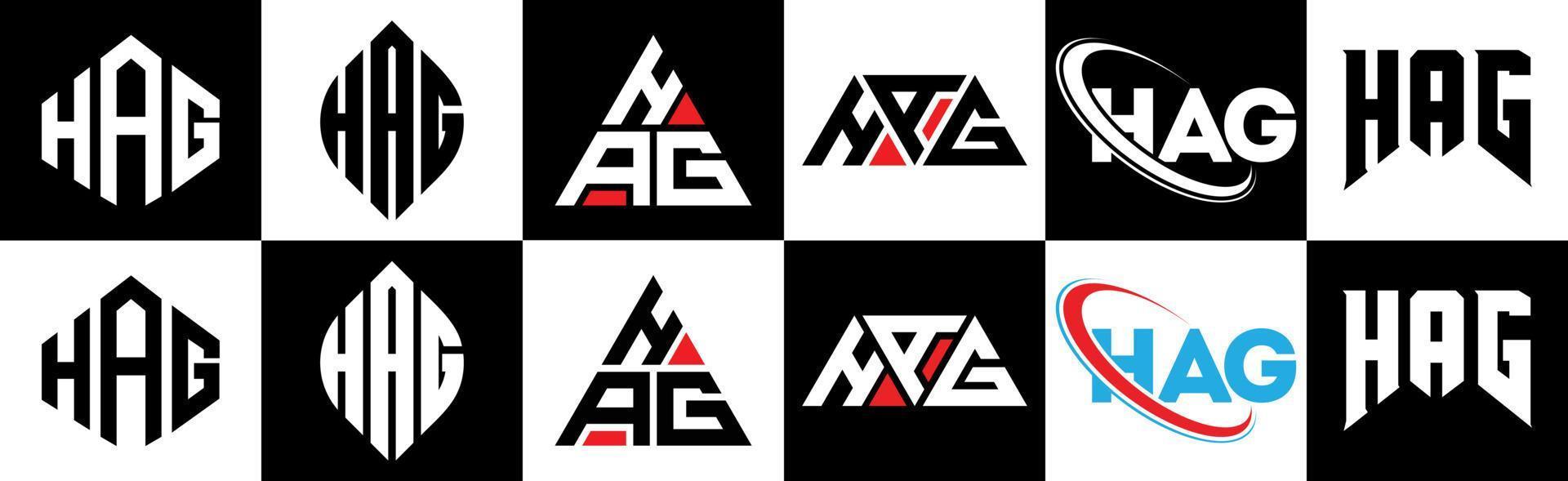 Hex-Buchstaben-Logo-Design in sechs Stilen. Hexenpolygon, Kreis, Dreieck, Sechseck, flacher und einfacher Stil mit schwarz-weißem Buchstabenlogo in einer Zeichenfläche. Hag minimalistisches und klassisches Logo vektor