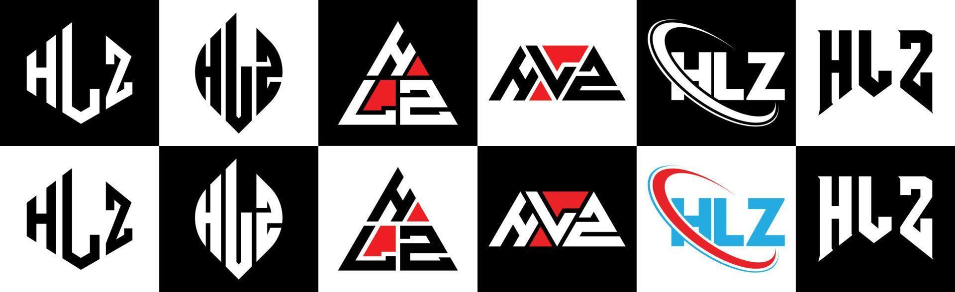 hlz-Buchstaben-Logo-Design in sechs Stilen. hlz-Polygon, Kreis, Dreieck, Sechseck, flacher und einfacher Stil mit schwarz-weißem Buchstabenlogo in einer Zeichenfläche. hlz minimalistisches und klassisches Logo vektor