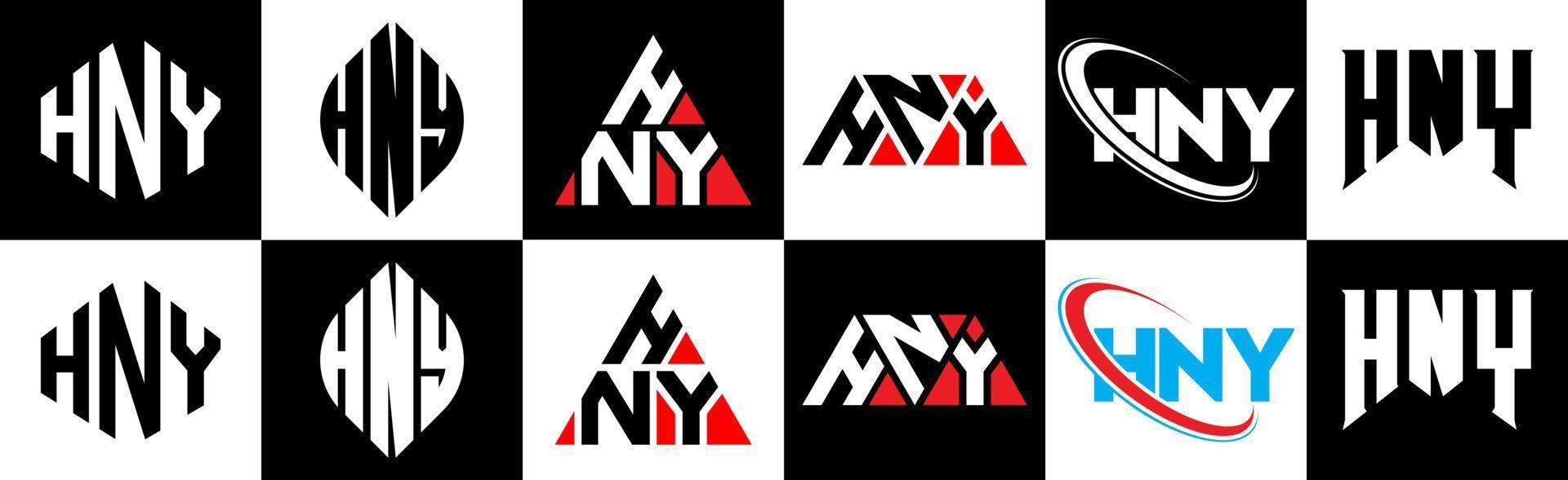 Hny-Buchstaben-Logo-Design in sechs Stilen. hny polygon, kreis, dreieck, sechseck, flacher und einfacher stil mit schwarz-weißem buchstabenlogo in einer zeichenfläche. hny minimalistisches und klassisches Logo vektor