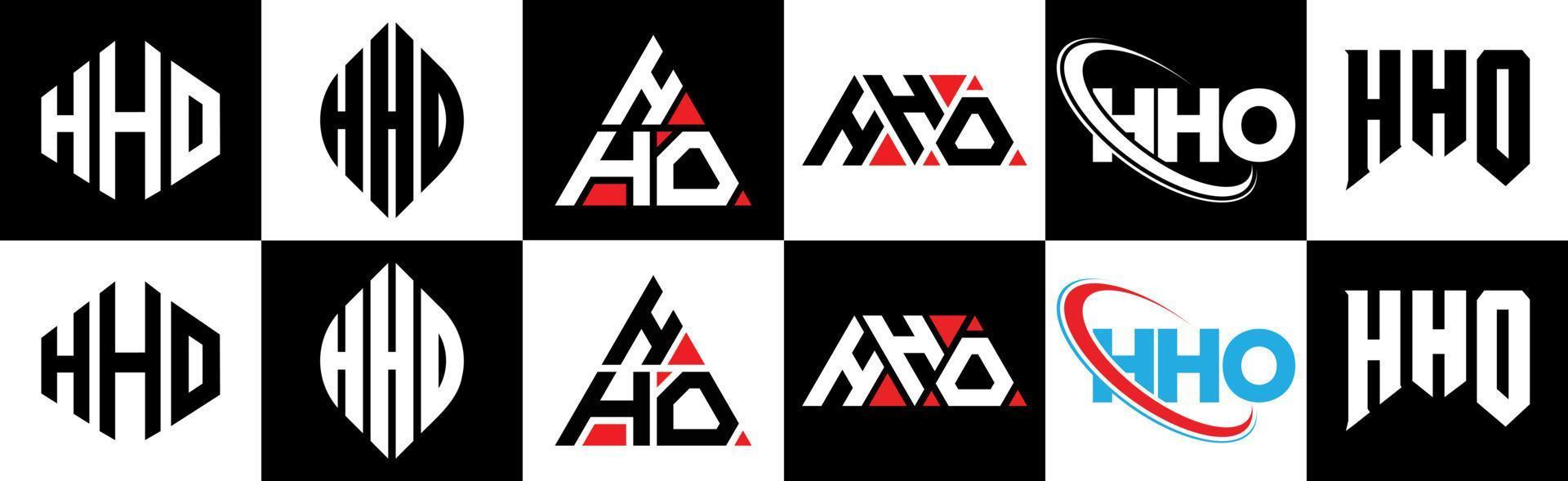 Hho-Brief-Logo-Design in sechs Stilen. hho polygon, kreis, dreieck, sechseck, flacher und einfacher stil mit schwarz-weißem buchstabenlogo in einer zeichenfläche. hho minimalistisches und klassisches Logo vektor