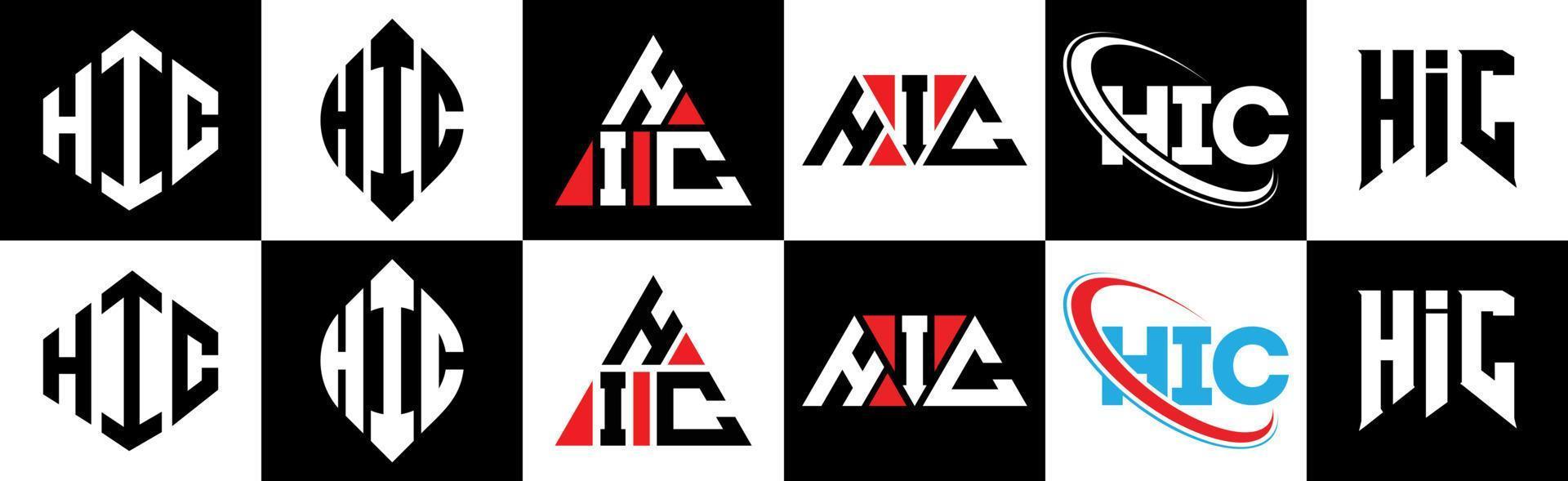 Hic-Buchstaben-Logo-Design in sechs Stilen. hic polygon, kreis, dreieck, hexagon, flacher und einfacher stil mit schwarz-weißem buchstabenlogo in einer zeichenfläche. Hic minimalistisches und klassisches Logo vektor
