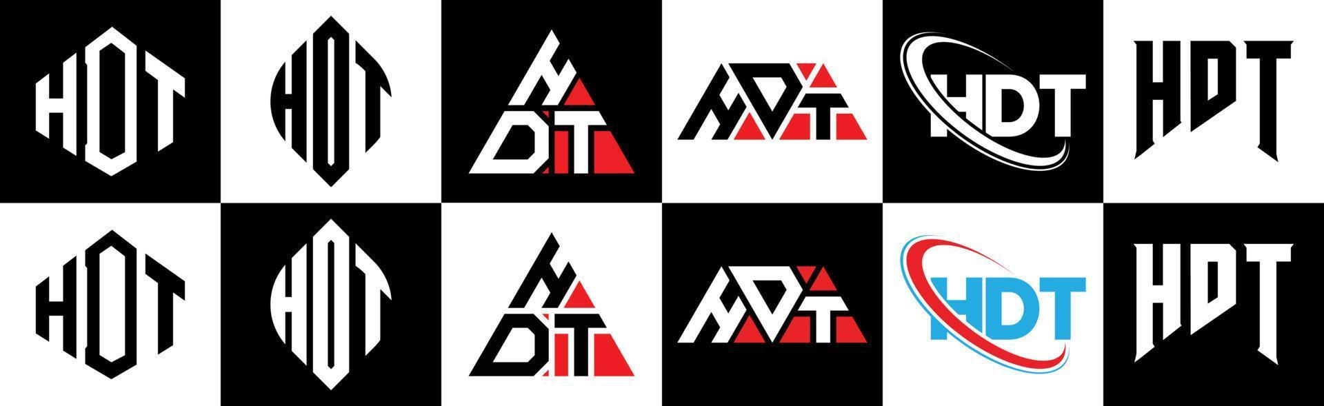 hdt-Buchstaben-Logo-Design in sechs Stilen. hdt polygon, kreis, dreieck, sechseck, flacher und einfacher stil mit schwarz-weißem buchstabenlogo in einer zeichenfläche. hdt minimalistisches und klassisches Logo vektor