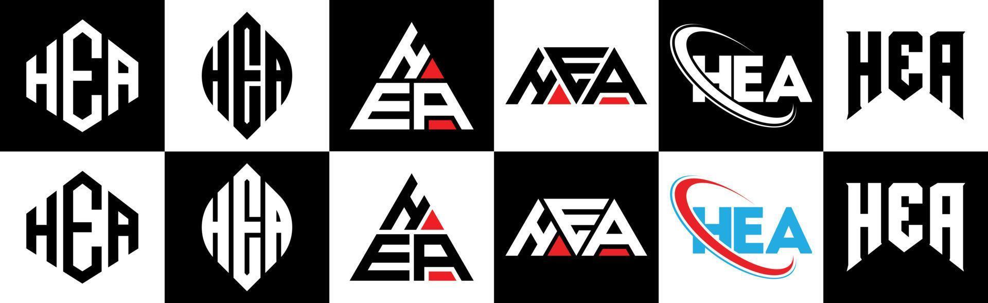 HEA-Brief-Logo-Design in sechs Stilen. hea polygon, kreis, dreieck, sechseck, flacher und einfacher stil mit schwarz-weißem buchstabenlogo in einer zeichenfläche. hea minimalistisches und klassisches Logo vektor