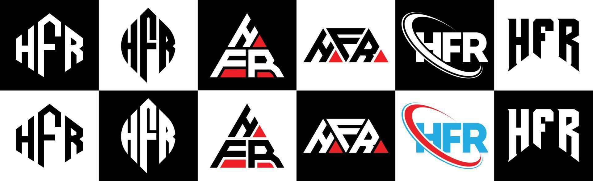 hfr brev logotyp design i sex stil. hfr polygon, cirkel, triangel, sexhörning, platt och enkel stil med svart och vit Färg variation brev logotyp uppsättning i ett rittavla. hfr minimalistisk och klassisk logotyp vektor