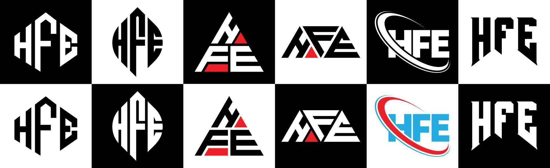 hfe brev logotyp design i sex stil. hfe polygon, cirkel, triangel, sexhörning, platt och enkel stil med svart och vit Färg variation brev logotyp uppsättning i ett rittavla. hfe minimalistisk och klassisk logotyp vektor