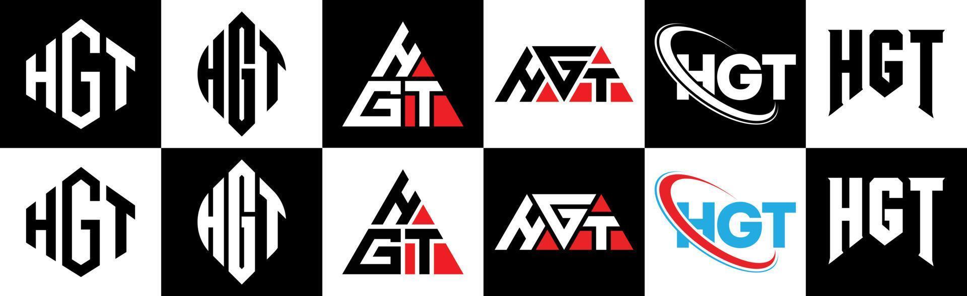 hgt-Buchstaben-Logo-Design in sechs Stilen. hgt polygon, kreis, dreieck, sechseck, flacher und einfacher stil mit schwarz-weißem buchstabenlogo in einer zeichenfläche. Hgt minimalistisches und klassisches Logo vektor