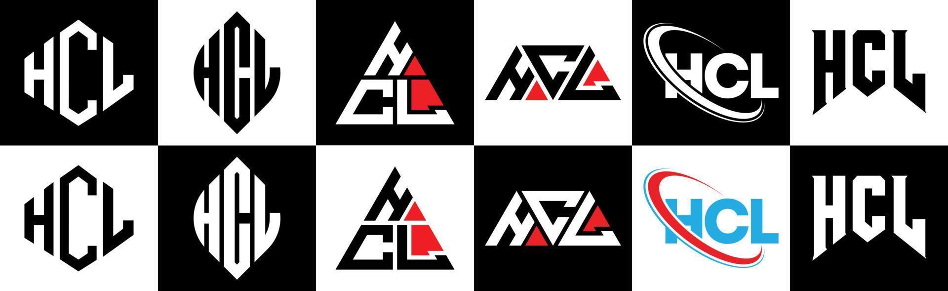 HCL-Brief-Logo-Design in sechs Stilen. hcl polygon, kreis, dreieck, sechseck, flacher und einfacher stil mit schwarz-weißem buchstabenlogo in einer zeichenfläche. hcl minimalistisches und klassisches logo vektor