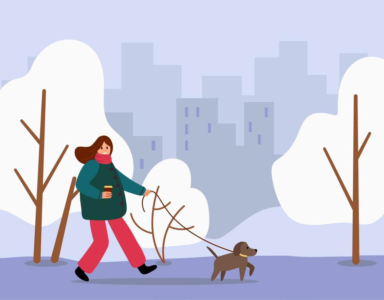 promenad din hund månad. de flicka är gående henne hund. platt stil. vektor illustration.